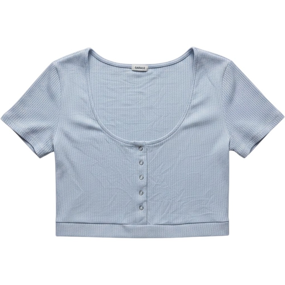 Garage Shirt Womens XS Blue Scoop Neck Short Sleeve Ribbed Henley Cropped Top